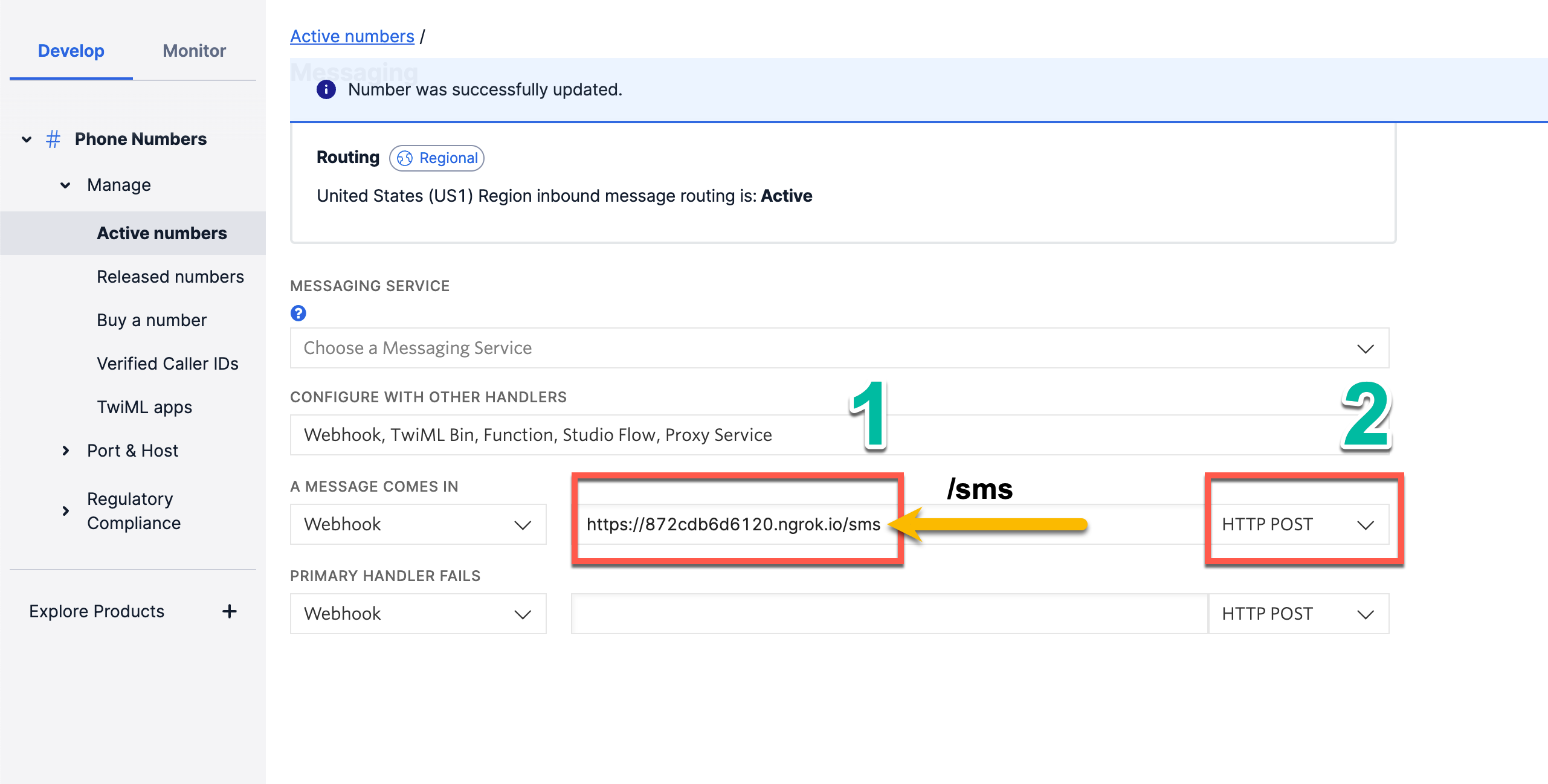 Twilio SMS Webhook Config Screen